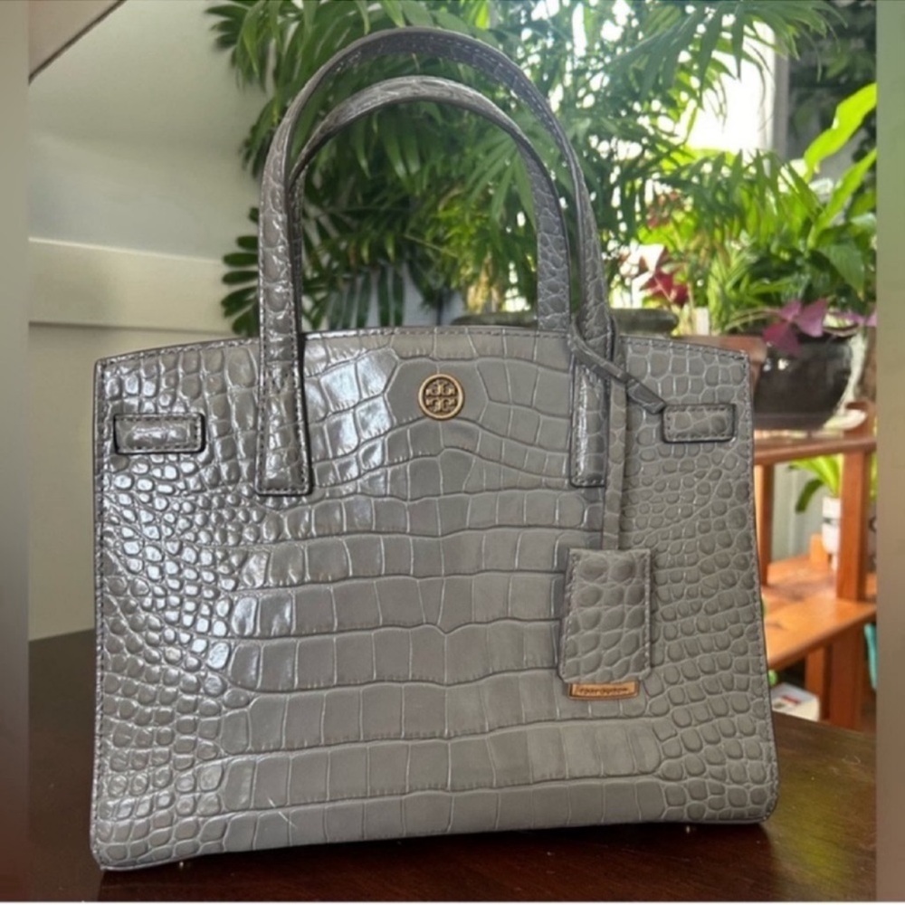Tory Burch Gray Croc-Embossed Satchel